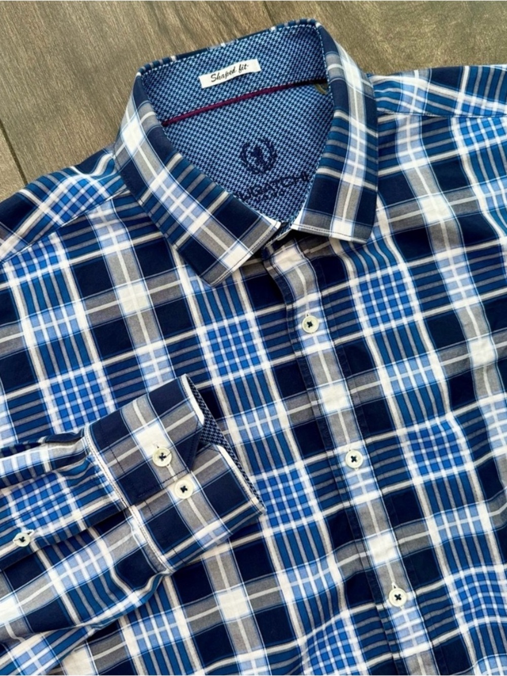 Bugatchi Uomo Men’s Shaped Fit - Large - Blue Plaid Button Down - 100% Cotton